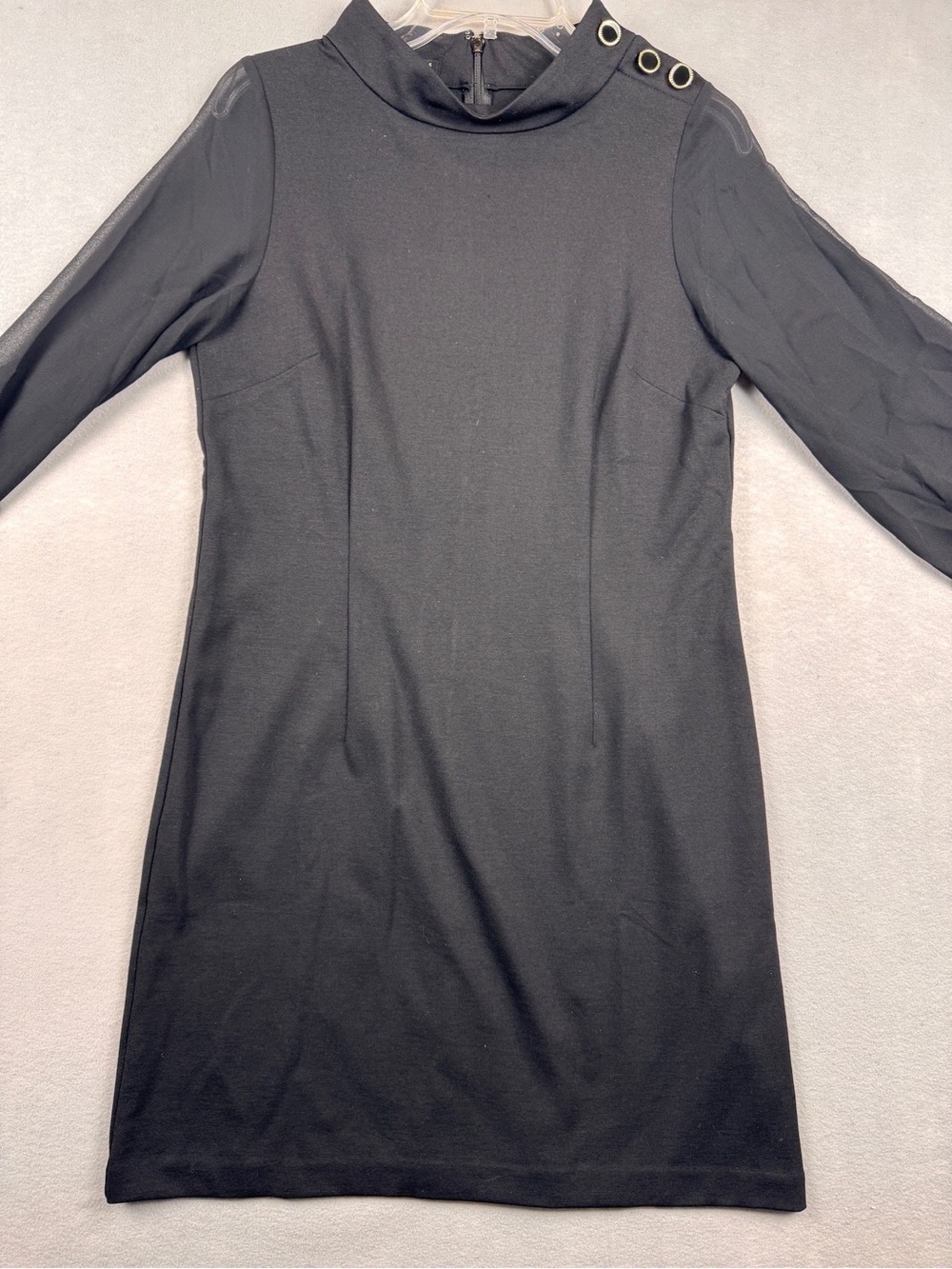 Talbots Black Cocktail Dress Sheer Sleeves Button Shoulder Ponte Knit Sheath